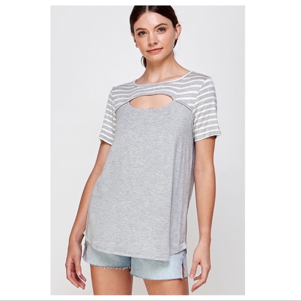 New Heather Gray Short Sleeve Top,Keyhole Front With Striped Contrast Sleeves